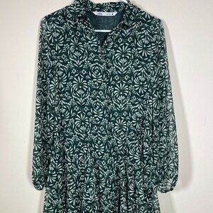 Zara Women’s Green Floral Long Sleeve Mini Shirt button-Up Dress Bohemian!